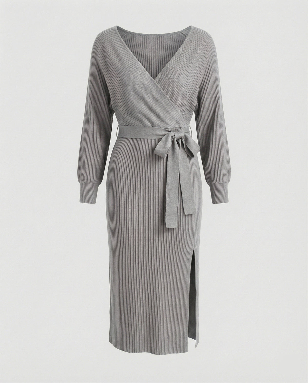 Ladies knit dress with elegant wrap design and decorative belt