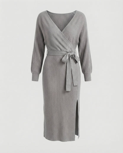 Ladies knit dress with elegant wrap design and decorative belt