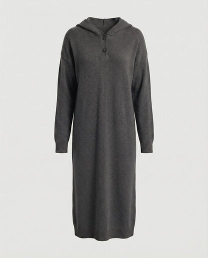 Women's hoodie dress made of soft knit material with button placket and hood