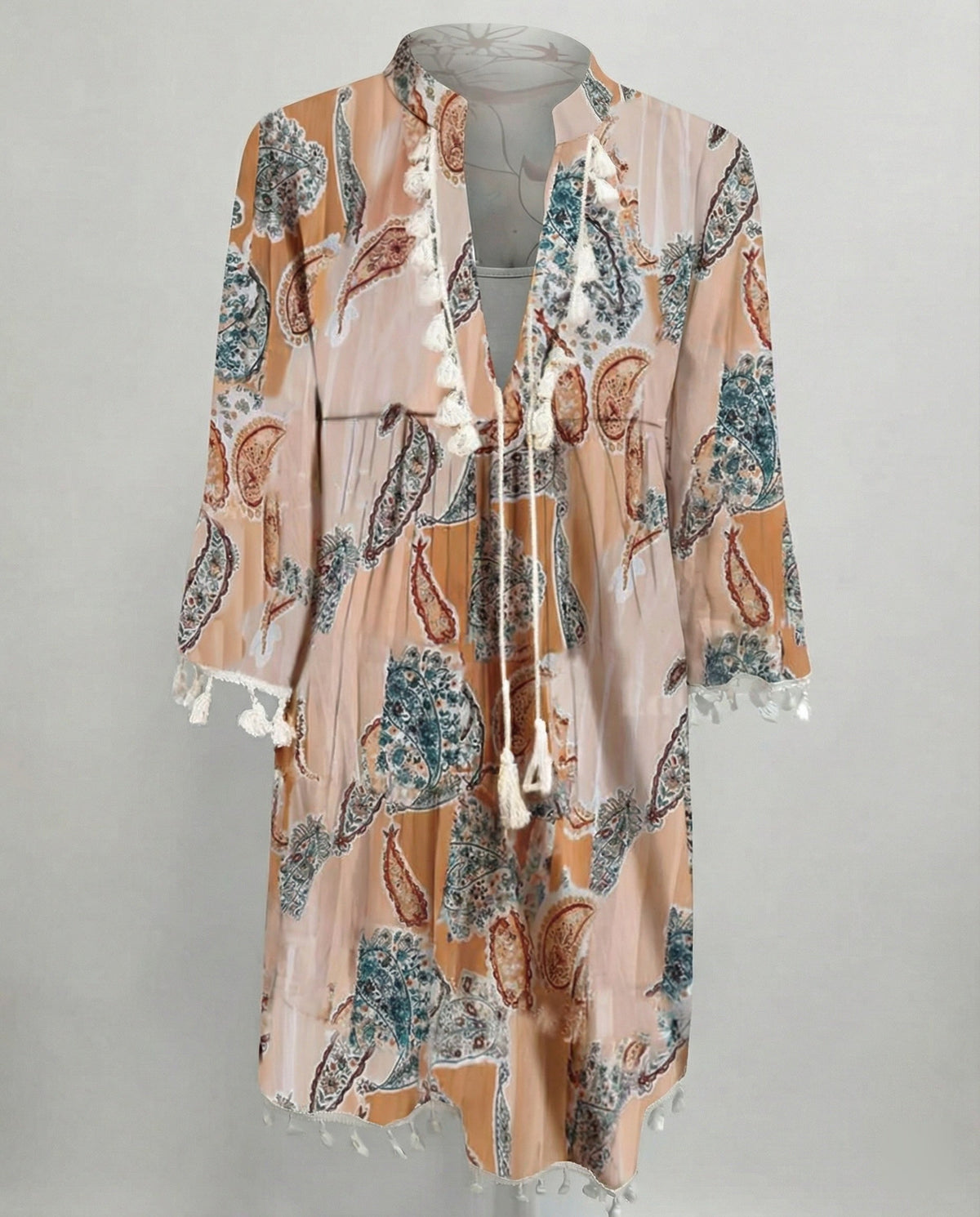 Women’s beach dress with high collar and romantic floral pattern