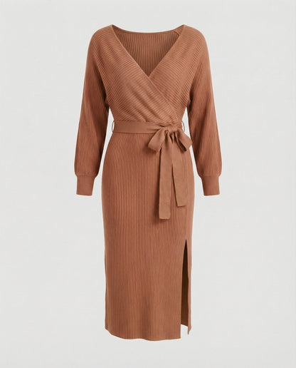Ladies knit dress with elegant wrap design and decorative belt