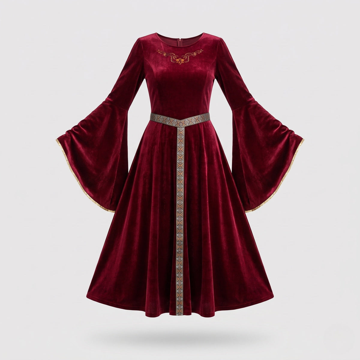 Women elegant velvet dress with wide sleeve and decorative belt EVA-US