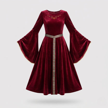 Women elegant velvet dress with wide sleeve and decorative belt EVA-US