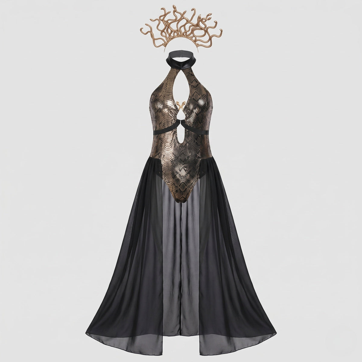 Women's seductive leather dress with flowing tulle and statement collar EVA-US