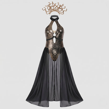 Women's seductive leather dress with flowing tulle and statement collar EVA-US