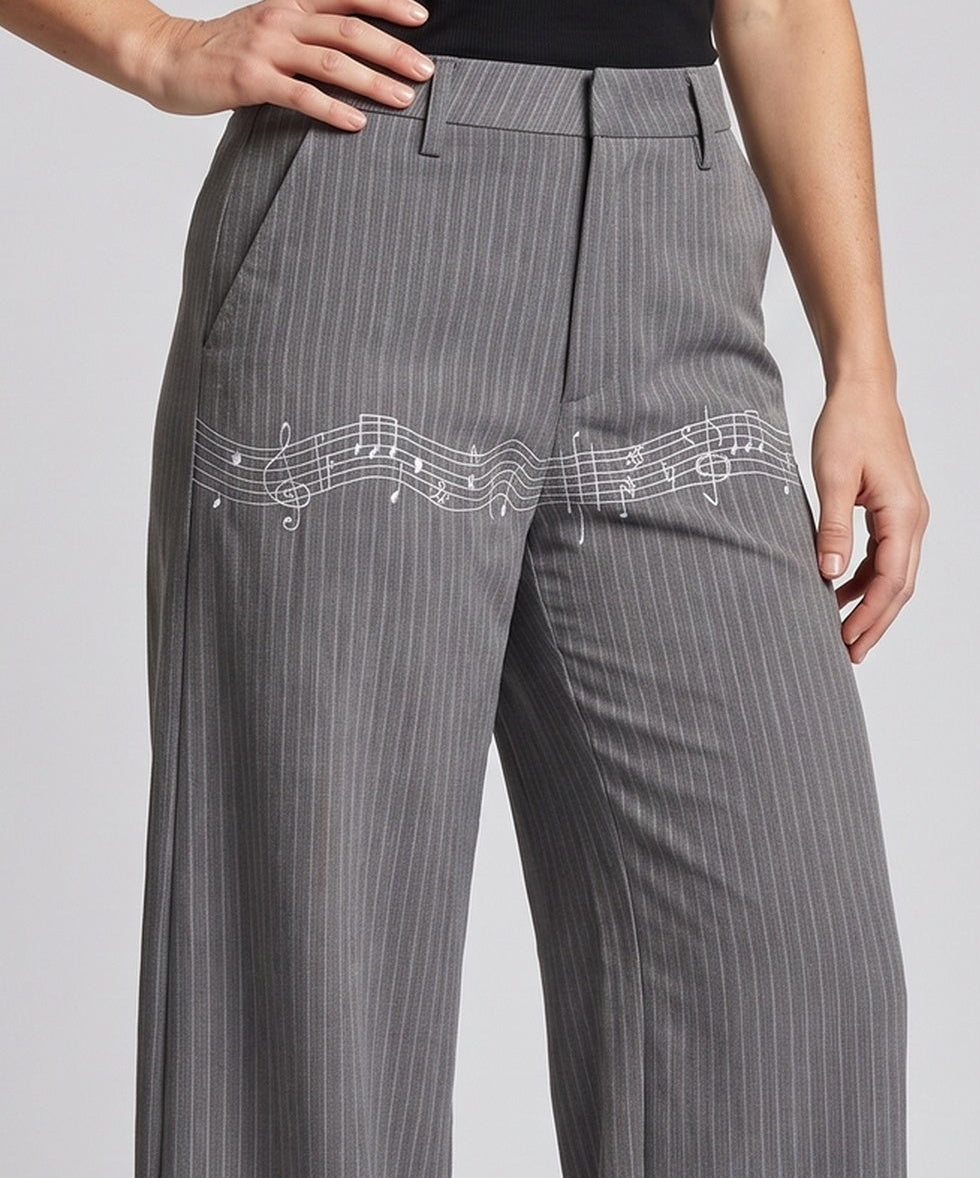 Women's Wide-Cut Striped Pants with Musical Print EVA-US