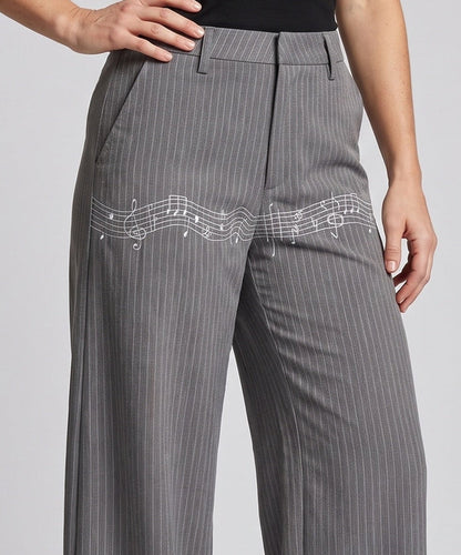 Women's Wide-Cut Striped Pants with Musical Print EVA-US