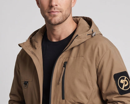 Men's Water-Repellent Softshell Utility Jacket with Hood, Zipper Pockets & Drawstring EVA-US