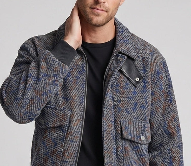 Men's Structured Overshirt Bomber Jacket with Ribbed Cuffs & Patch Pockets EVA-US