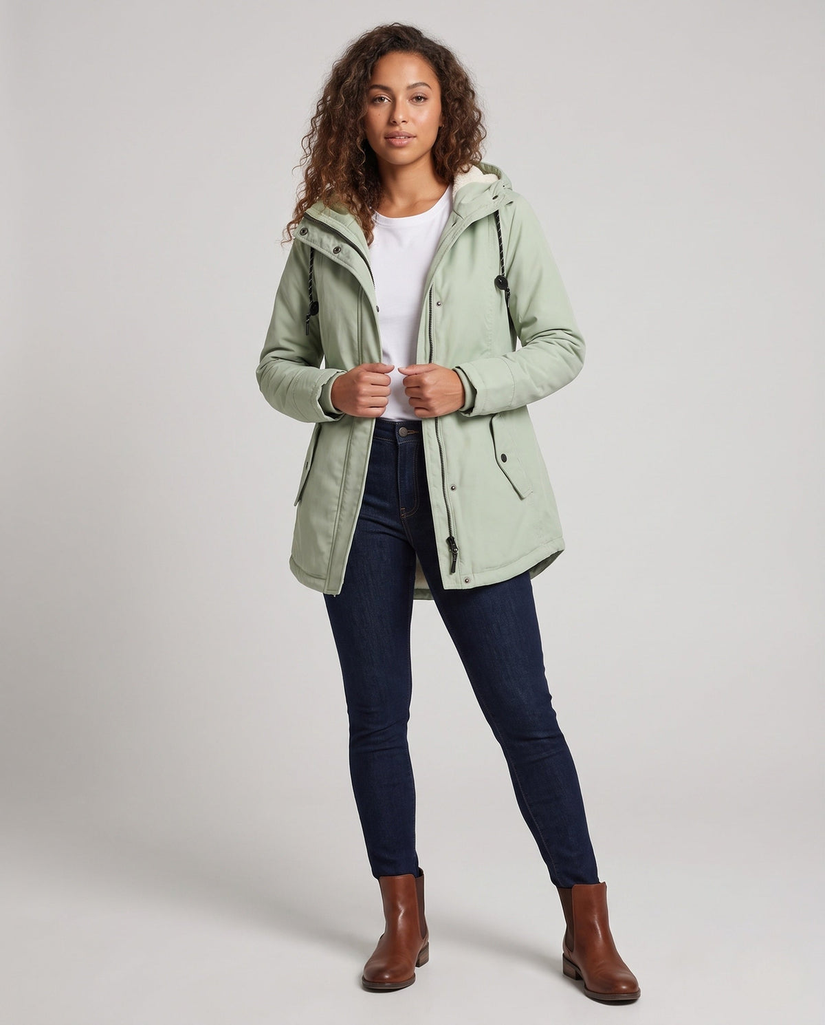 Women's Lined Hooded Parka with Teddy Lining, Drawstring and Flap Pockets EVA-US