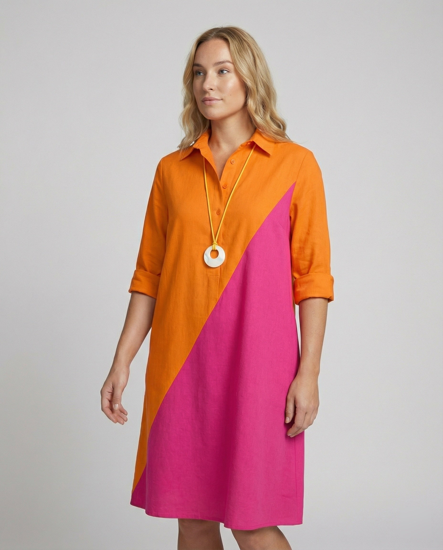 Shirt Dress with Lapel Collar & Three-quarter Sleeves - upper body detail