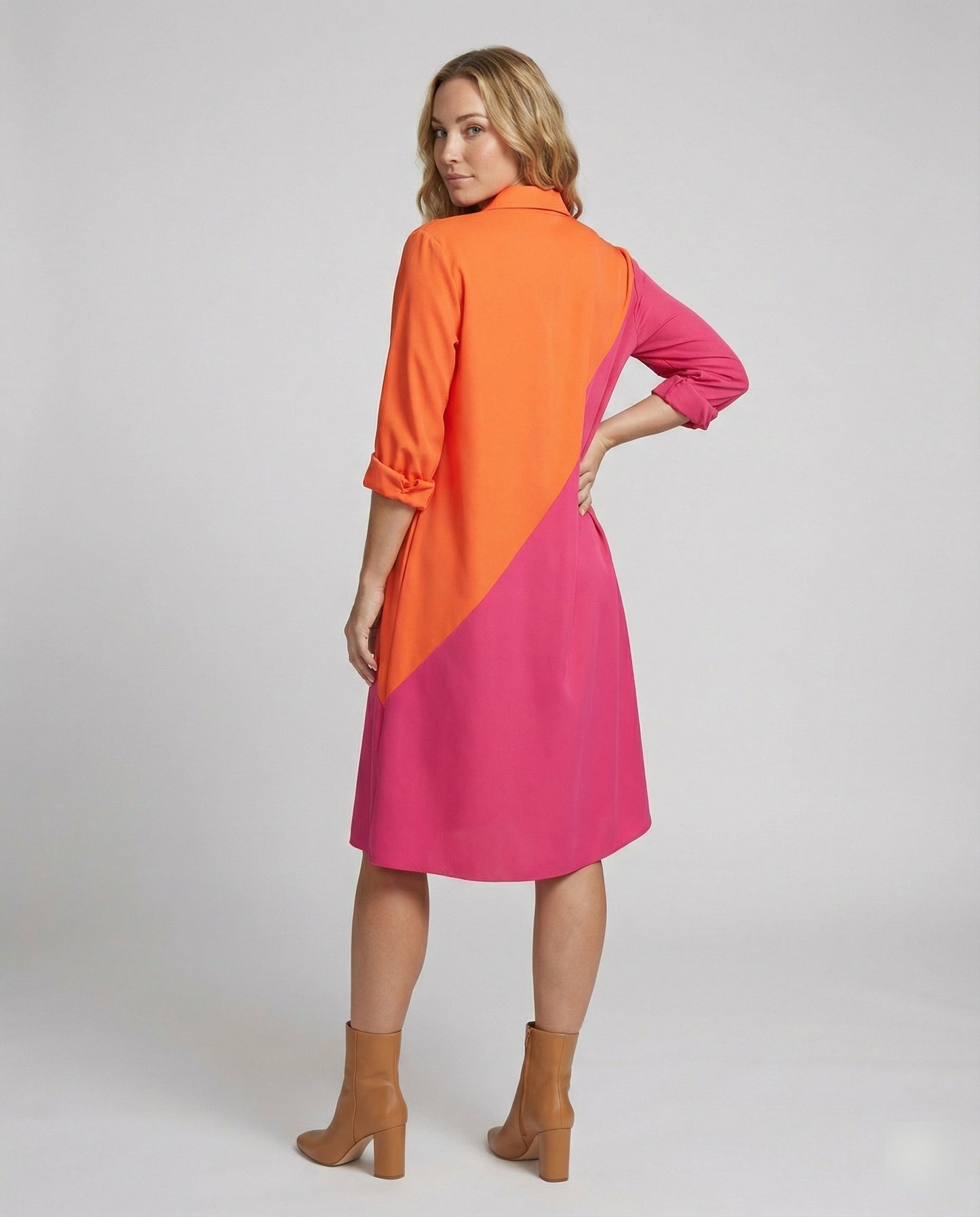 Shirt Dress with Lapel Collar & Three-quarter Sleeves - back view
