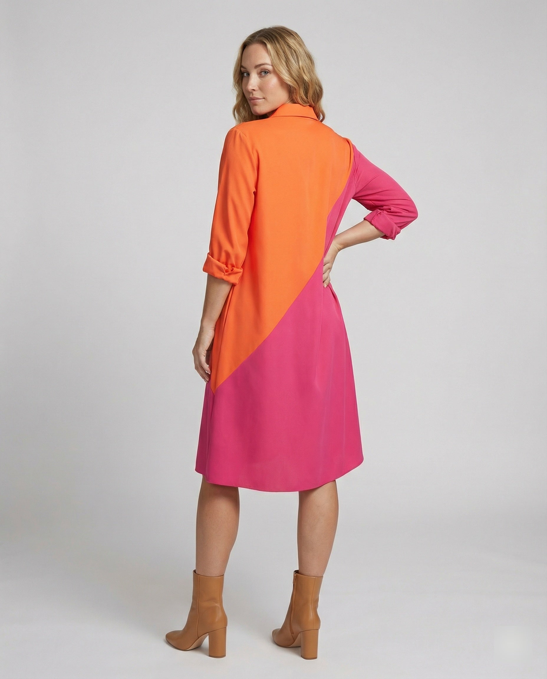 Shirt Dress with Lapel Collar & Three-quarter Sleeves - back view