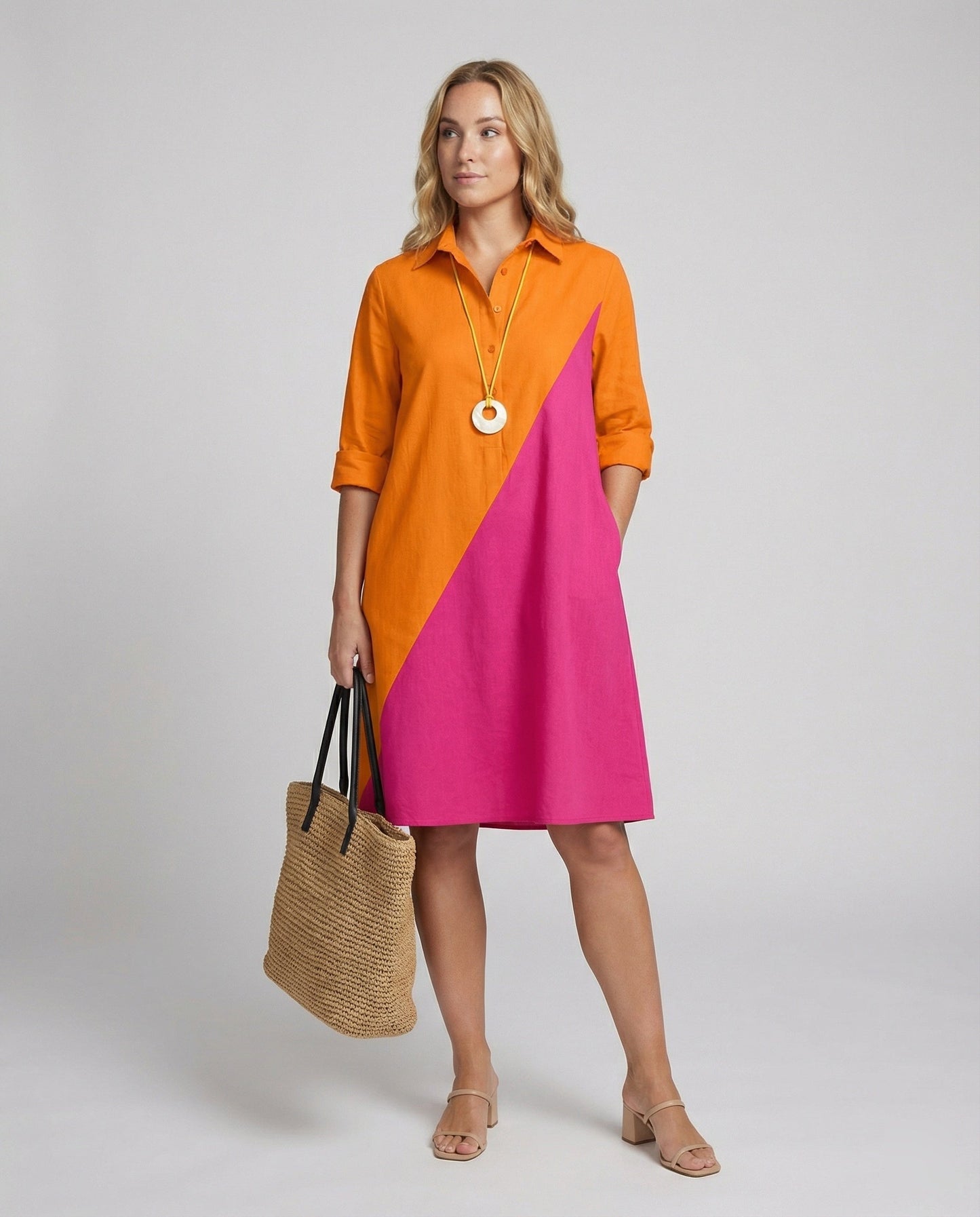 Shirt Dress with Lapel Collar & Three-quarter Sleeves - front view