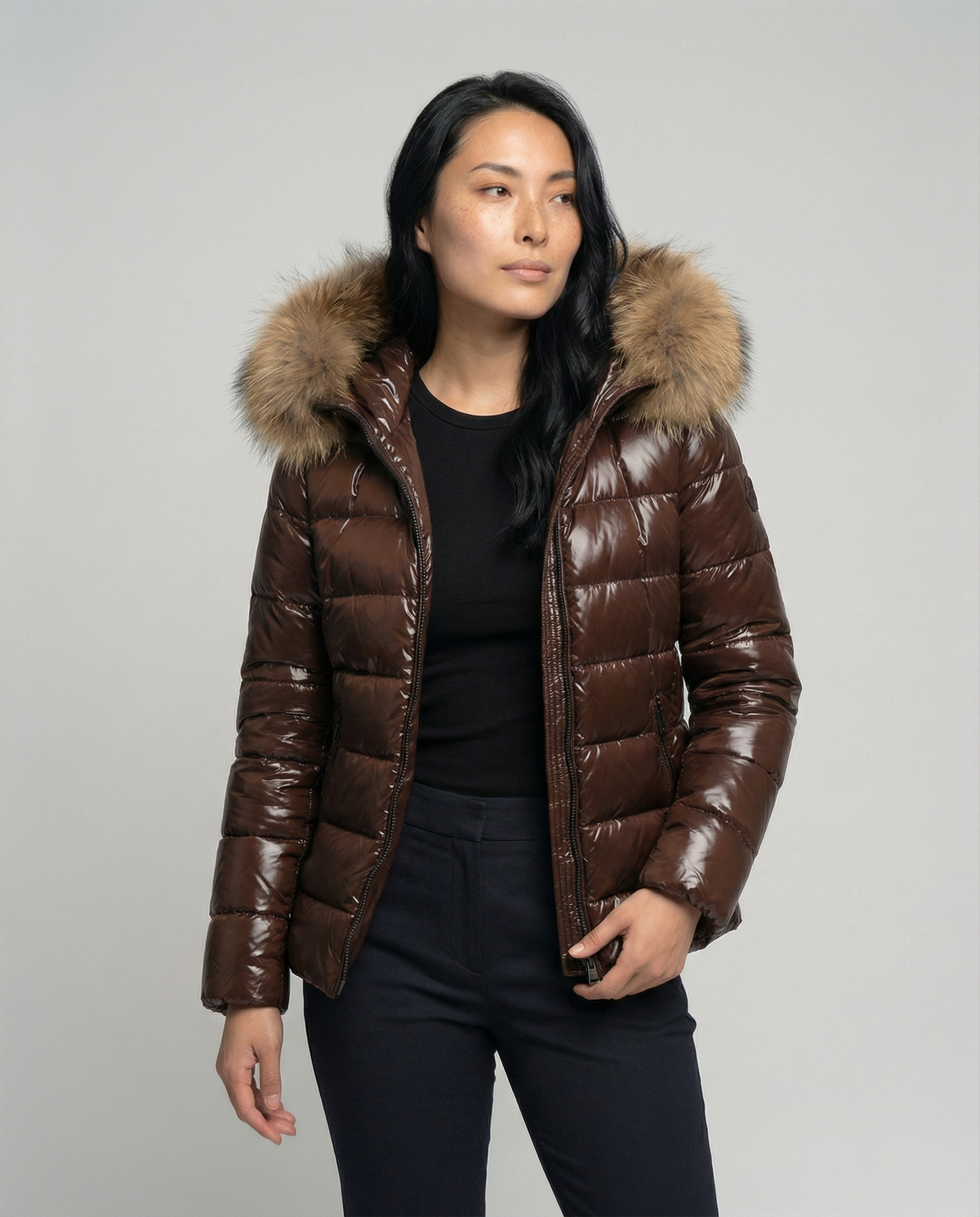 Women's winter down jacket with removable hood and luxurious fur collar