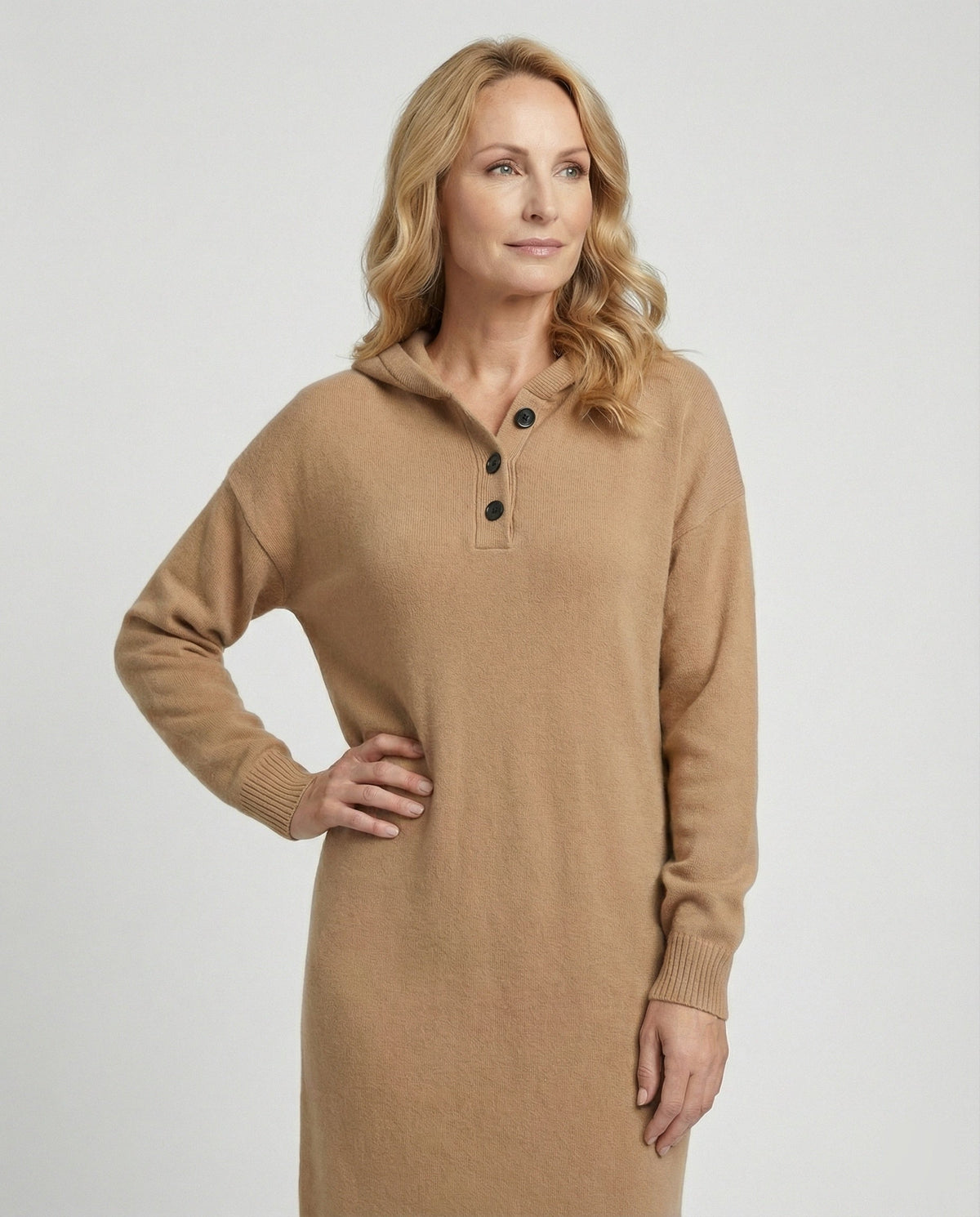 Women's hoodie dress made of soft knit material with button placket and hood