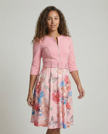 Women's A-line dress with fitted belt and floral pattern