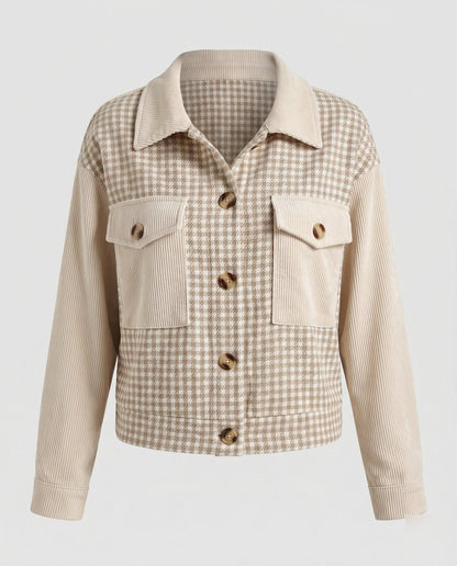 Women Checked Cord Jacket with Pockets and Button Details - Chichicherry