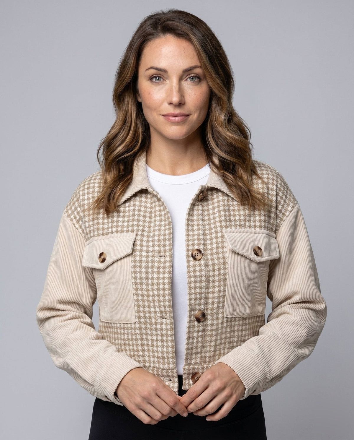 Women Checked Cord Jacket with Pockets and Button Details - Chichicherry