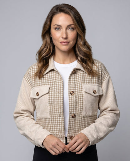 Women Checked Cord Jacket with Pockets and Button Details - Chichicherry