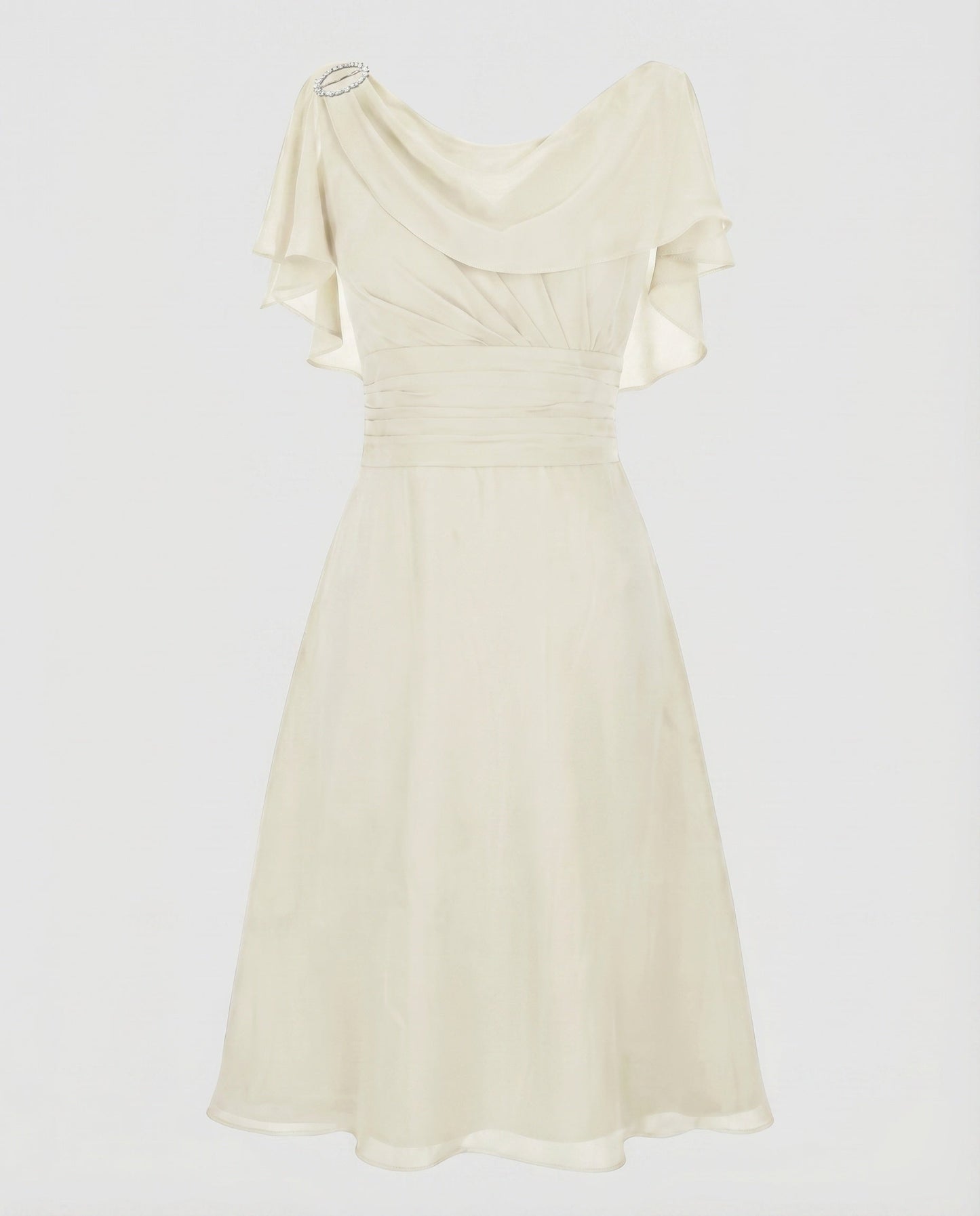 Women Chiffon Midi Dress Waterfall Neckline Ruffle Sleeves Gathering - Beige colorway