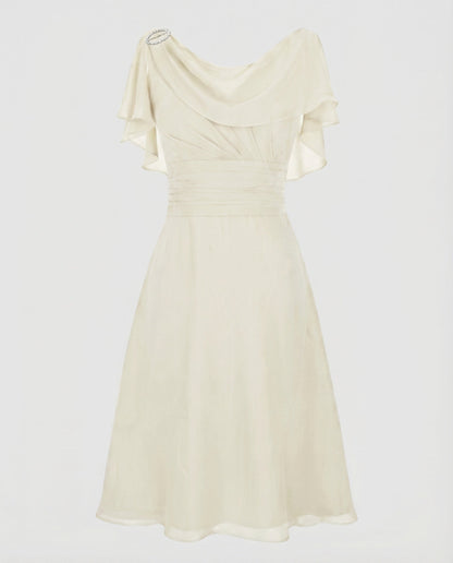 Women Chiffon Midi Dress Waterfall Neckline Ruffle Sleeves Gathering - Beige colorway