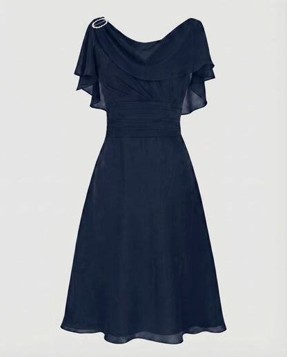 Women Chiffon Midi Dress Waterfall Neckline Ruffle Sleeves Gathering - Dark Blue colorway