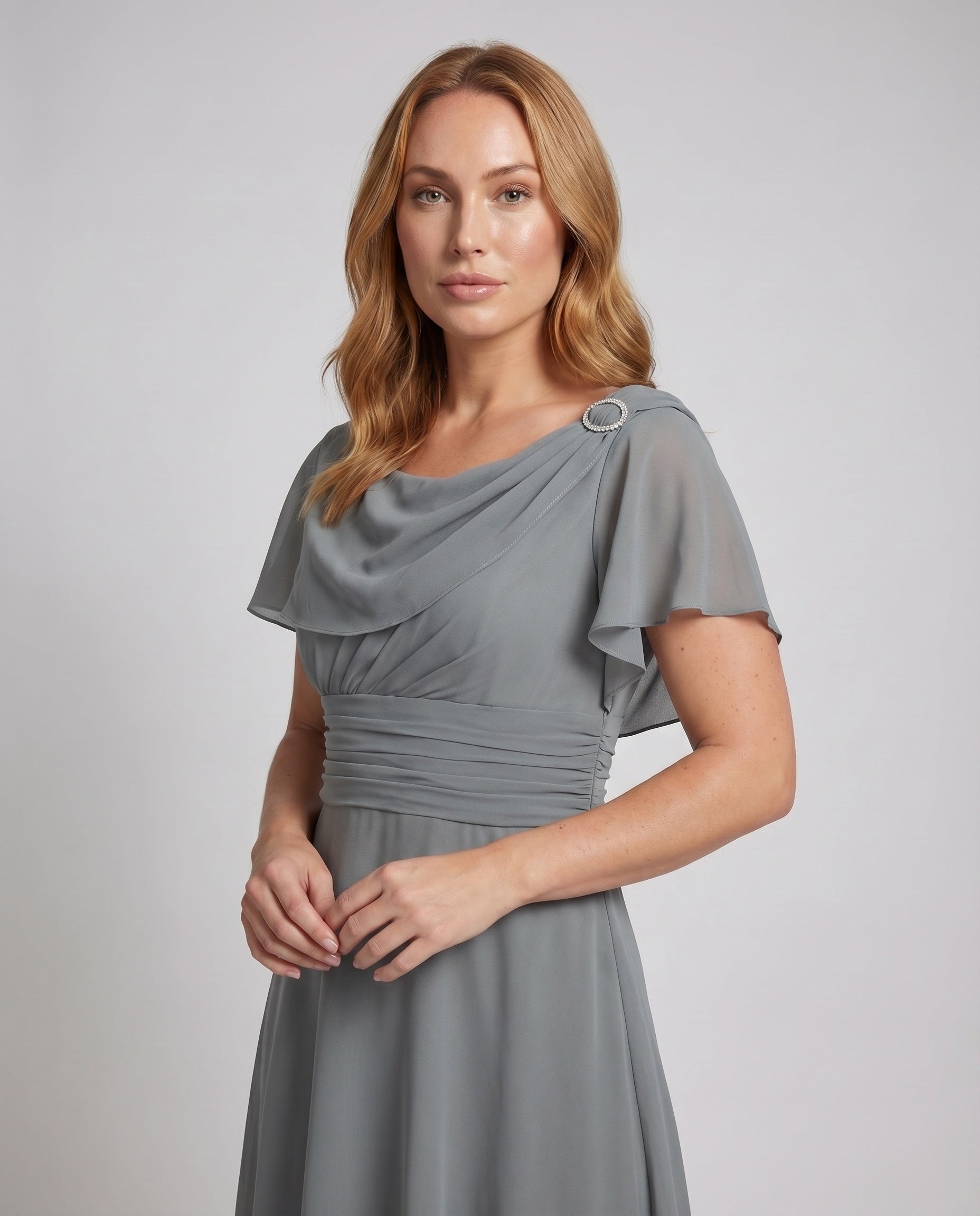 Women Chiffon Midi Dress Waterfall Neckline Ruffle Sleeves Gathering - upper body detail