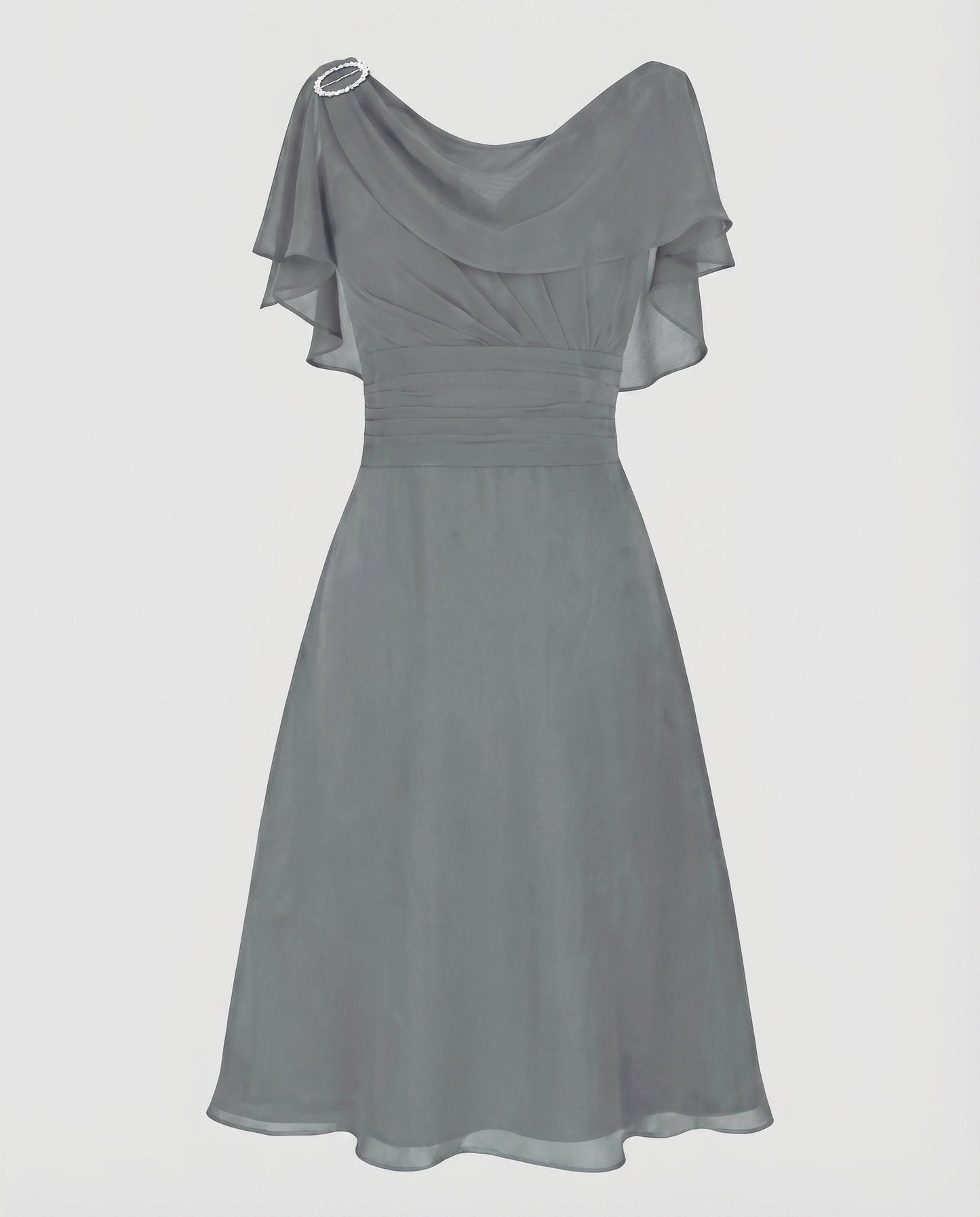 Women Chiffon Midi Dress Waterfall Neckline Ruffle Sleeves Gathering - Grey colorway