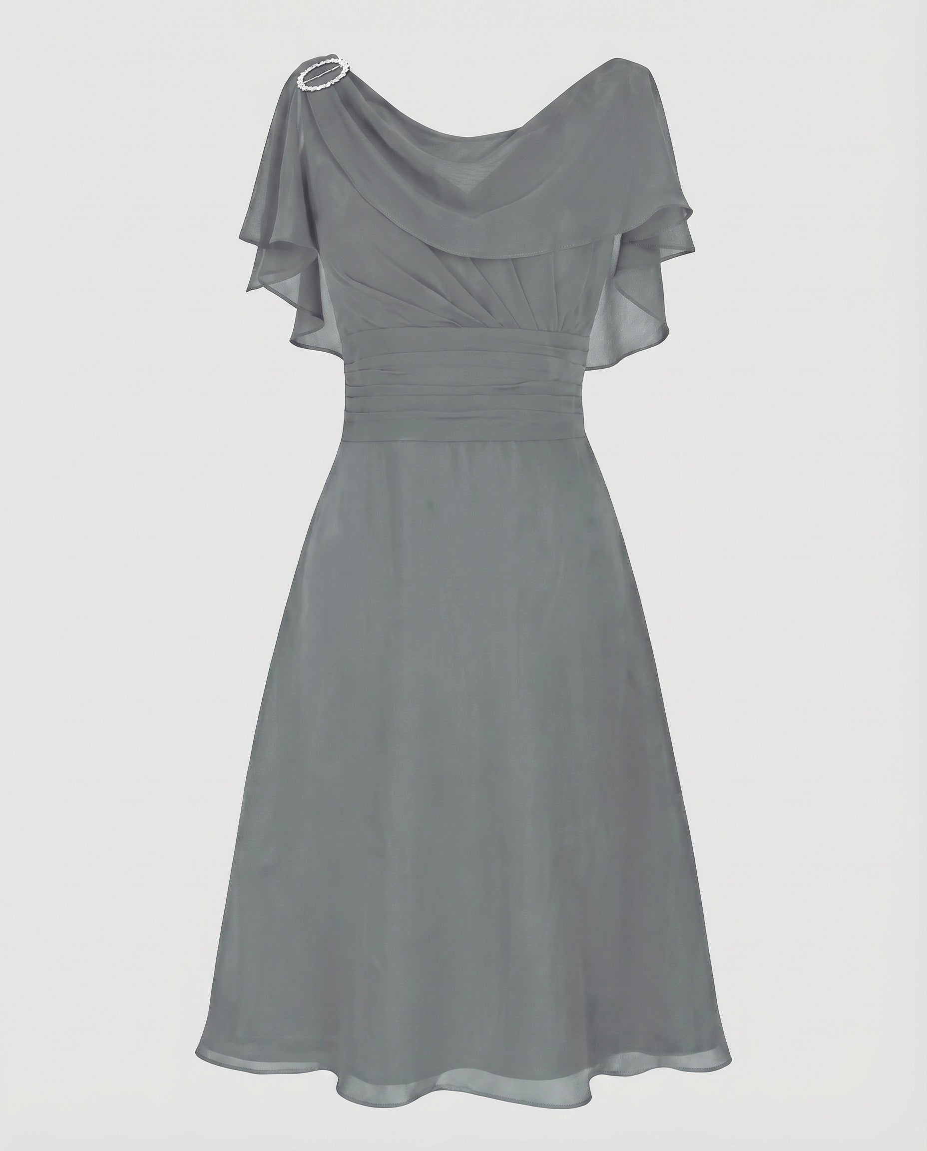 Women Chiffon Midi Dress Waterfall Neckline Ruffle Sleeves Gathering - Grey colorway
