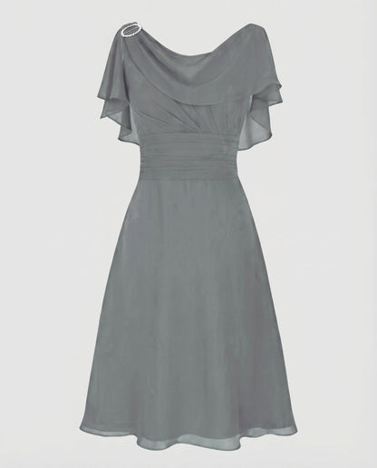 Women Chiffon Midi Dress Waterfall Neckline Ruffle Sleeves Gathering - Grey colorway