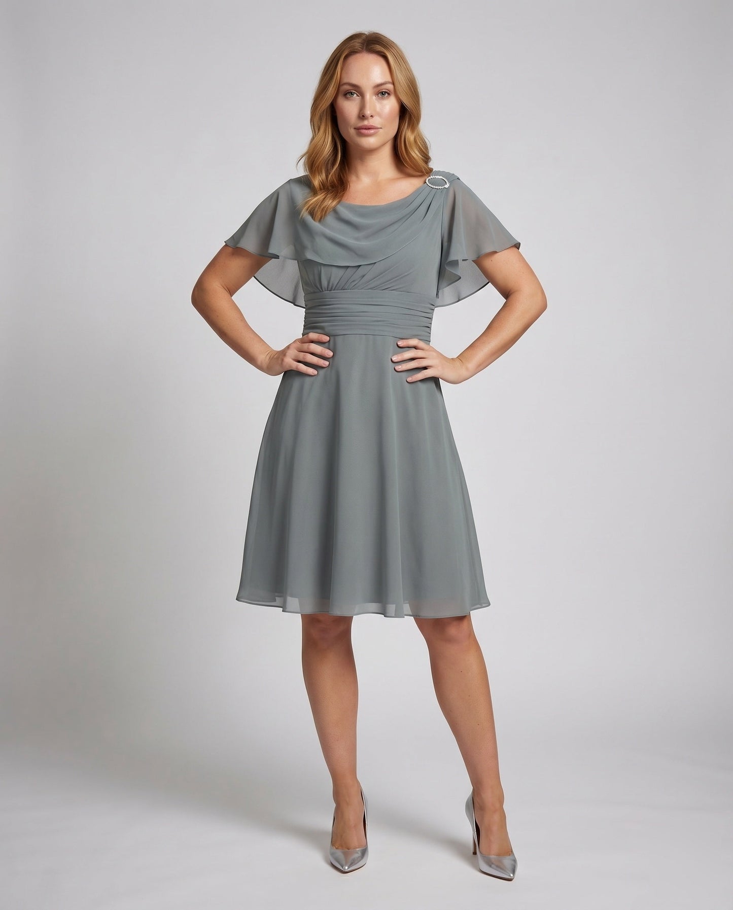 Women Chiffon Midi Dress Waterfall Neckline Ruffle Sleeves Gathering - front view