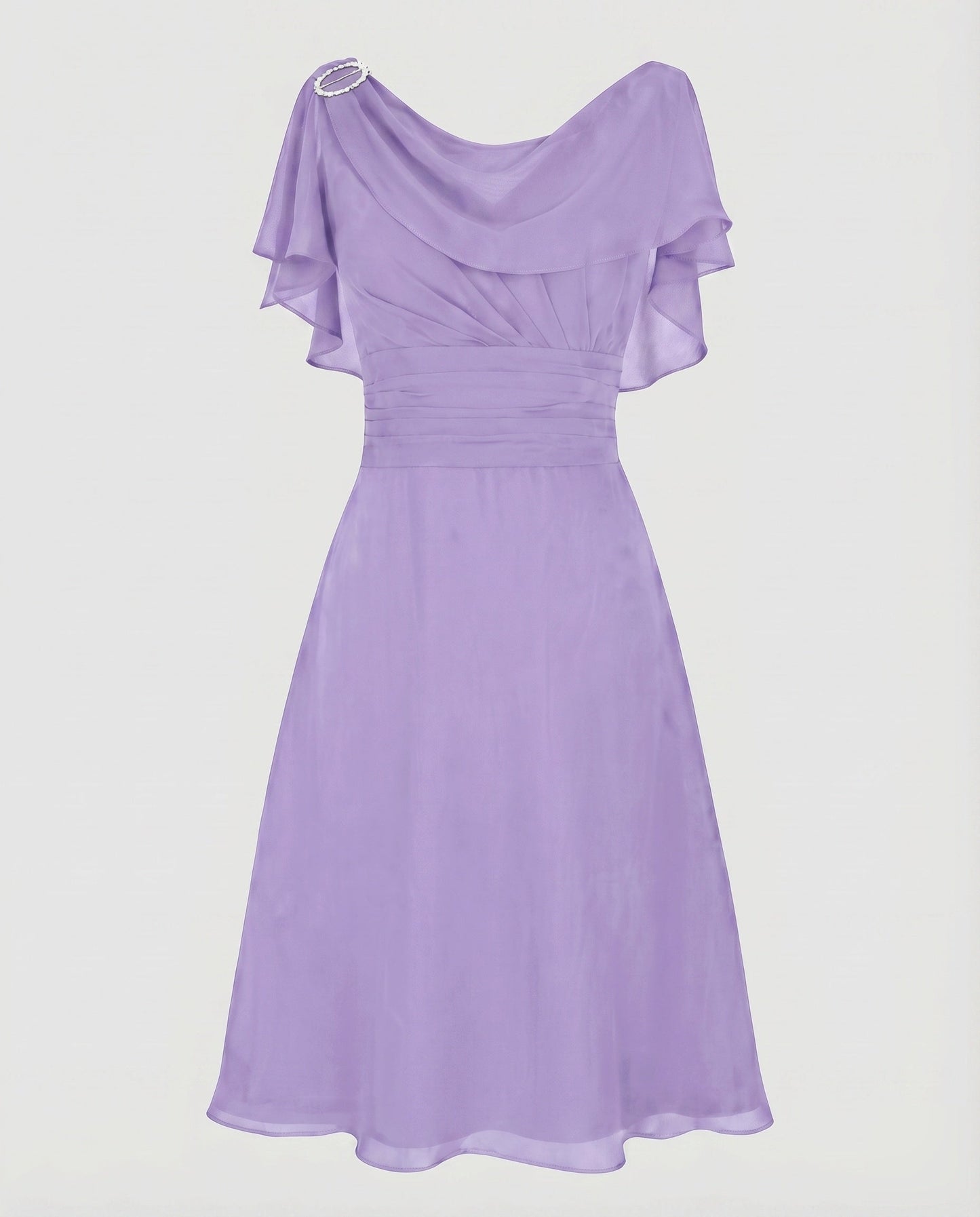 Women Chiffon Midi Dress Waterfall Neckline Ruffle Sleeves Gathering - Lilac colorway