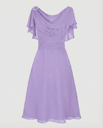 Women Chiffon Midi Dress Waterfall Neckline Ruffle Sleeves Gathering - Lilac colorway