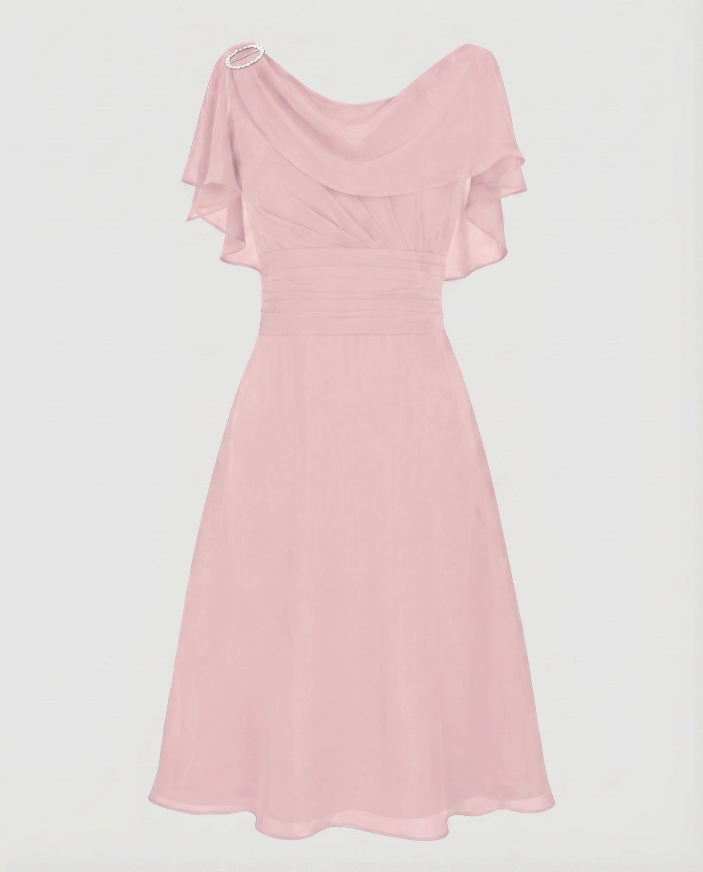 Women Chiffon Midi Dress Waterfall Neckline Ruffle Sleeves Gathering - Pink colorway