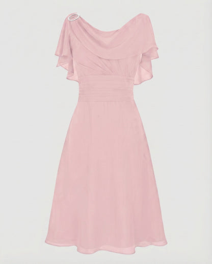 Women Chiffon Midi Dress Waterfall Neckline Ruffle Sleeves Gathering - Pink colorway