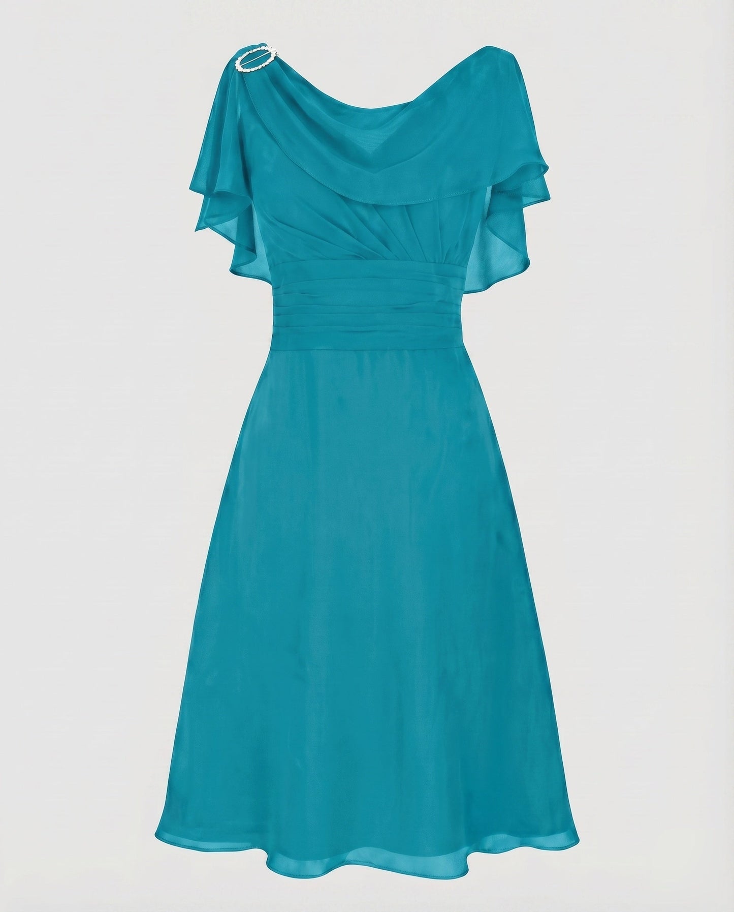 Women Chiffon Midi Dress Waterfall Neckline Ruffle Sleeves Gathering - Sky Blue colorway