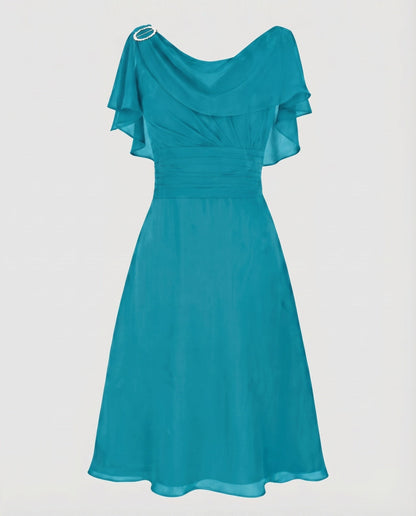 Women Chiffon Midi Dress Waterfall Neckline Ruffle Sleeves Gathering - Sky Blue colorway