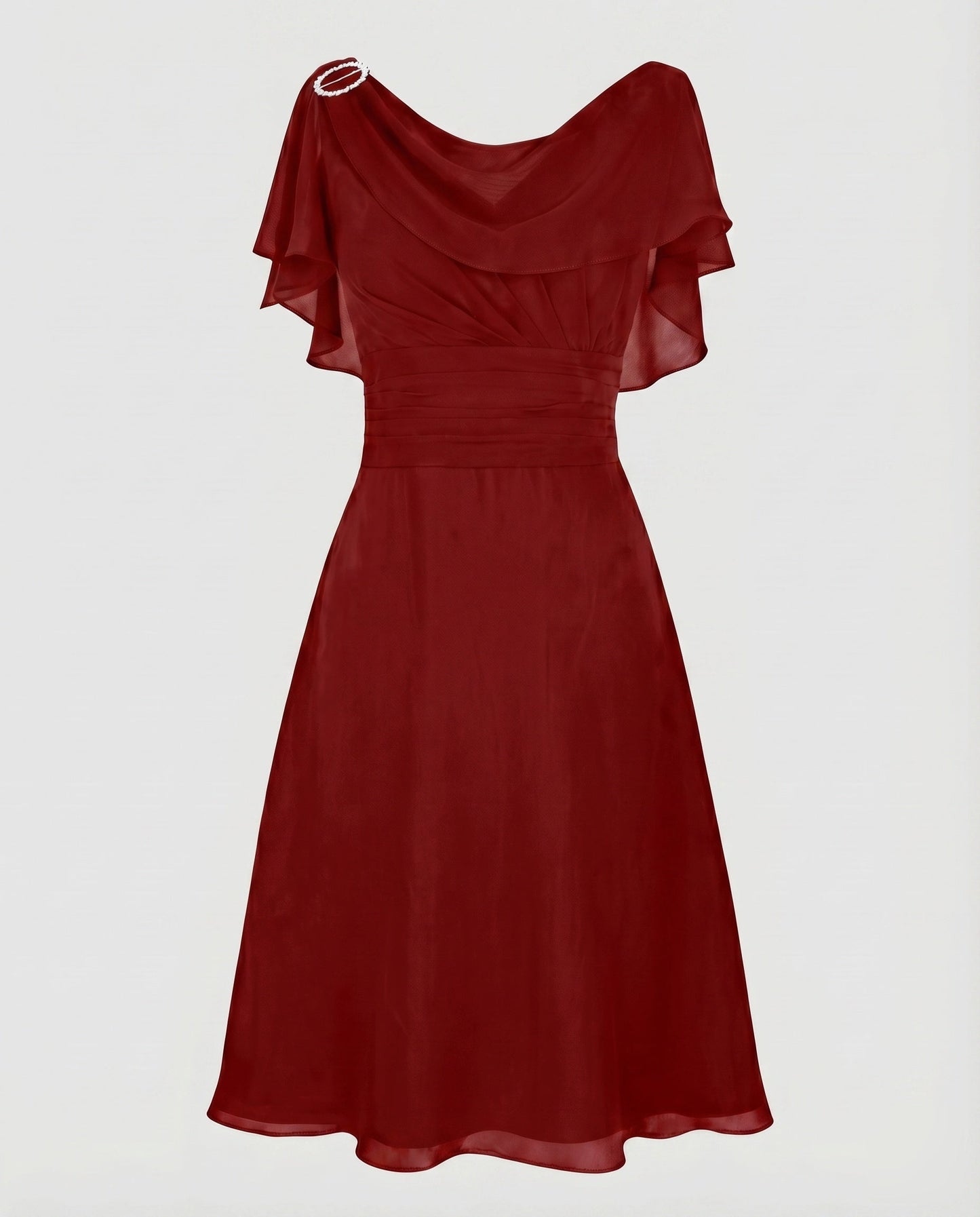 Women Chiffon Midi Dress Waterfall Neckline Ruffle Sleeves Gathering - Wine Red colorway
