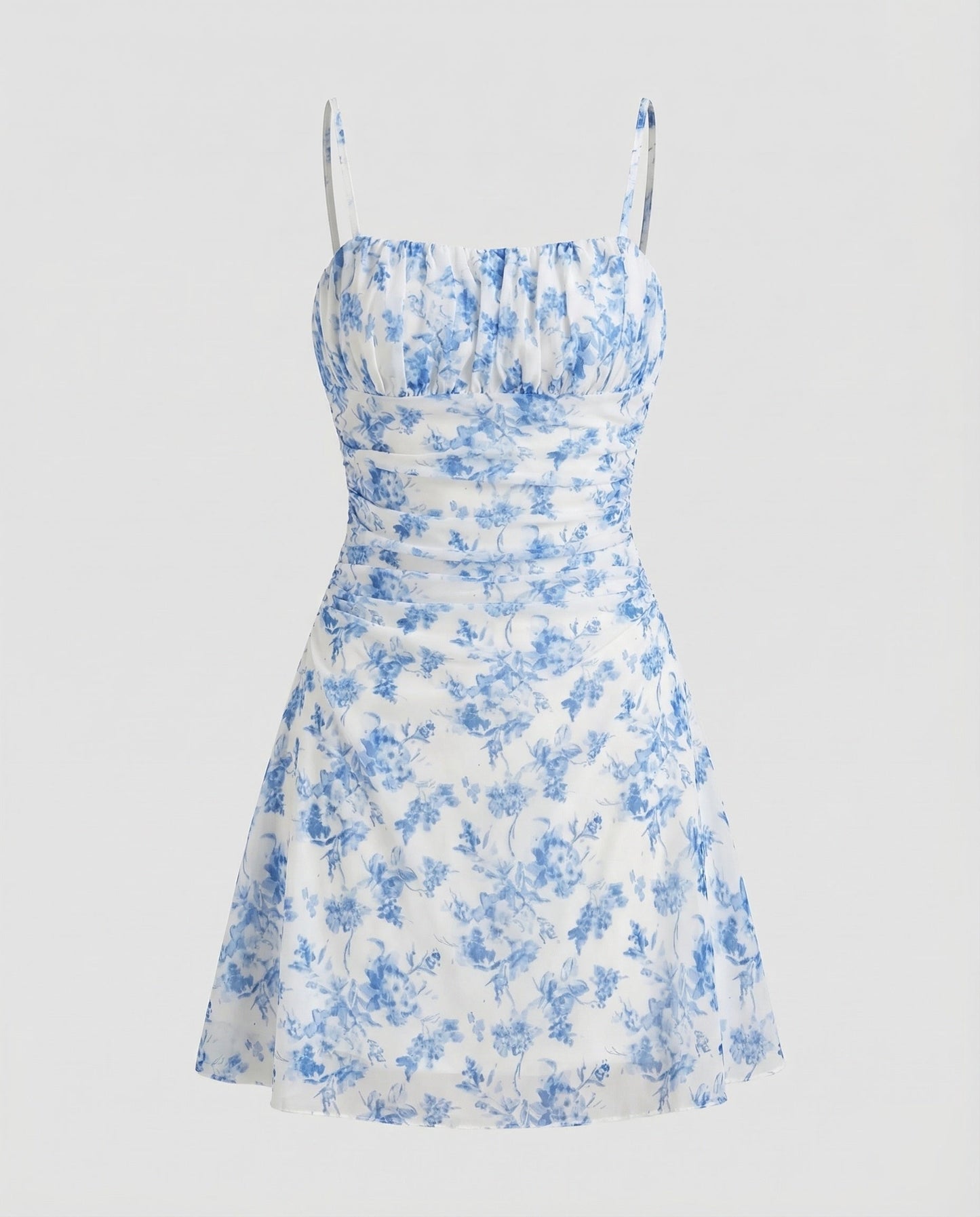 Women Chiffon Mini Dress Ruched Bustier - Blue colorway