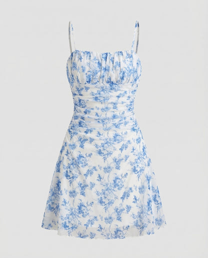 Women Chiffon Mini Dress Ruched Bustier - Blue colorway