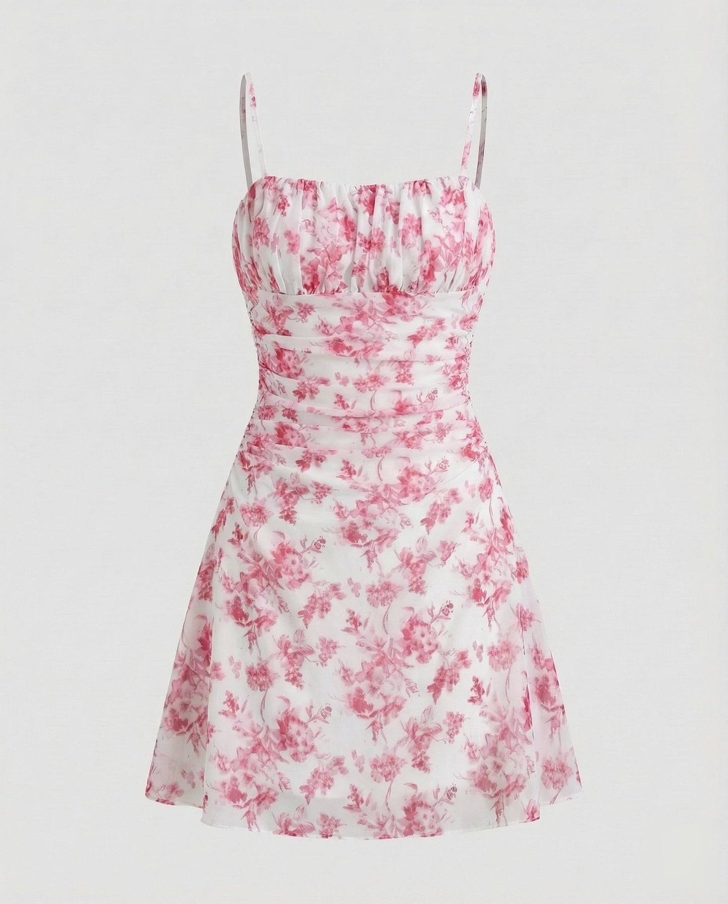 Women Chiffon Mini Dress Ruched Bustier - Pink colorway