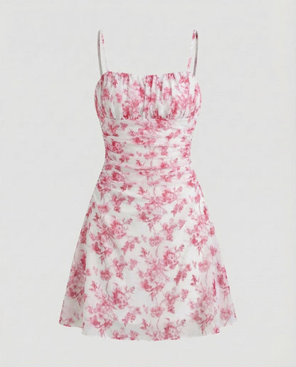 Women Chiffon Mini Dress Ruched Bustier - Pink colorway