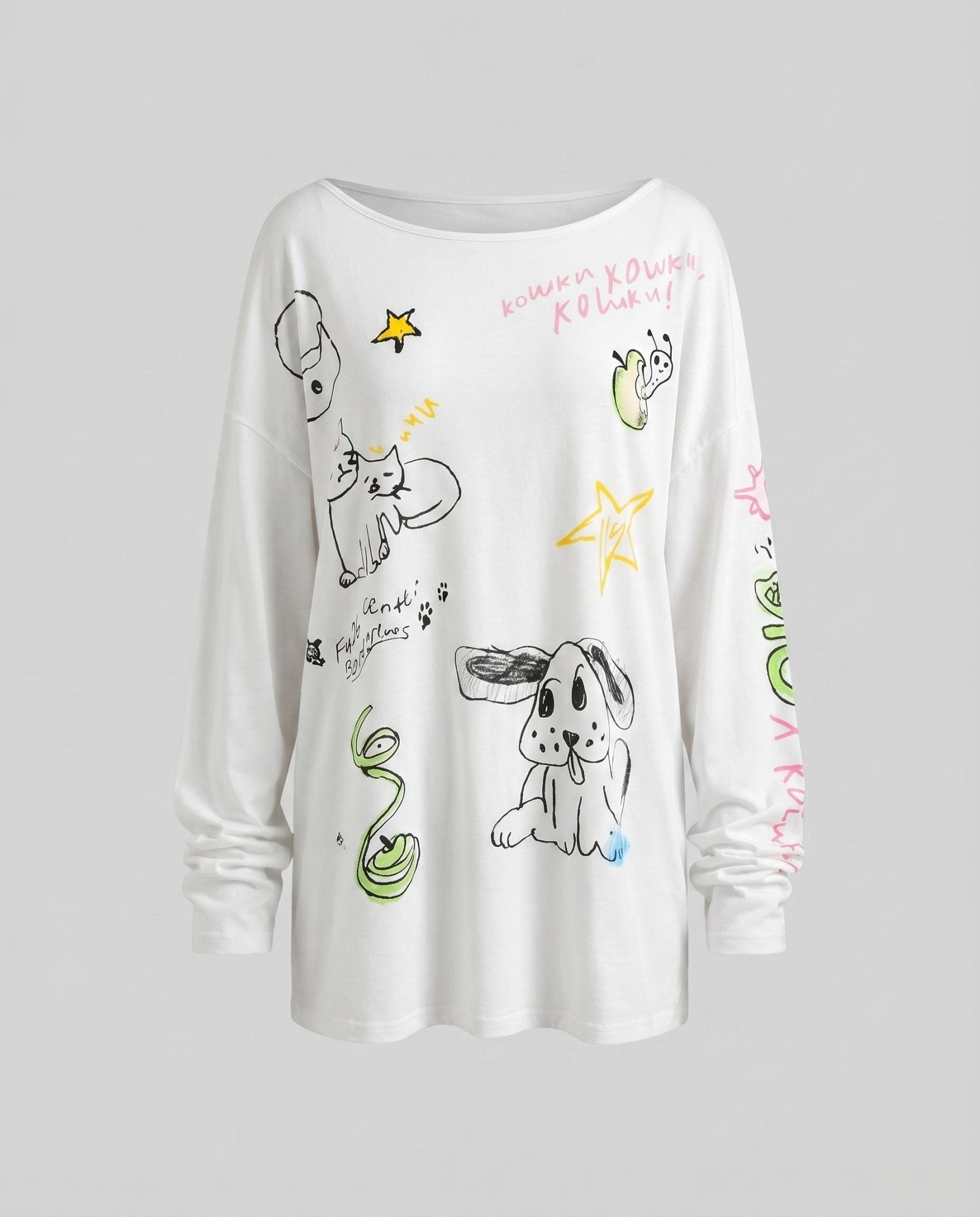 Women comfortable T-shirt with creative print and wide sleeves - Chichicherry