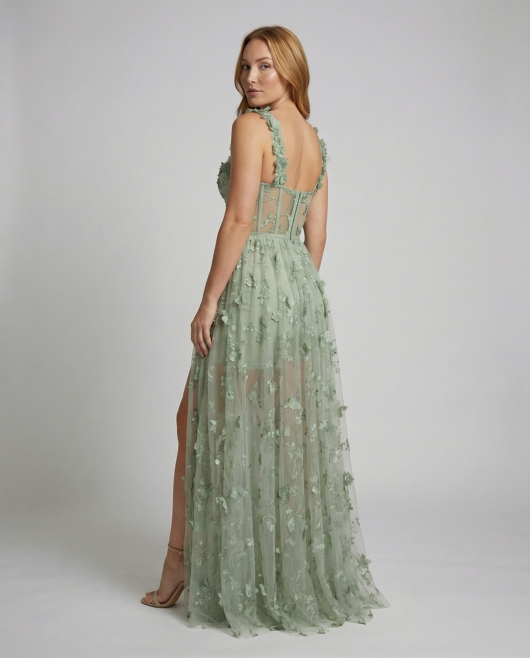 Women Corset Maxi Dress Tulle Leg Slit Leaf Design - back view