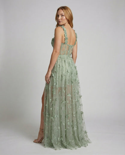 Women Corset Maxi Dress Tulle Leg Slit Leaf Design - back view