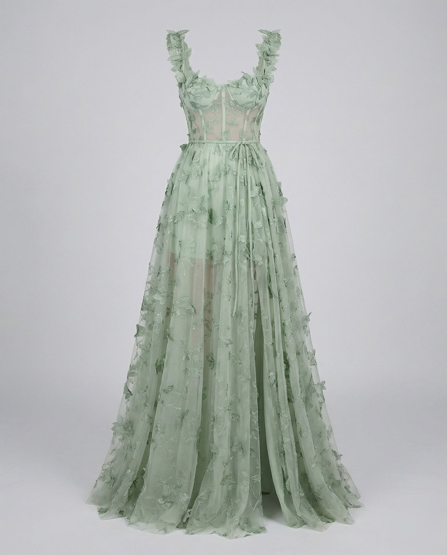 Women Corset Maxi Dress Tulle Leg Slit Leaf Design - Green colorway