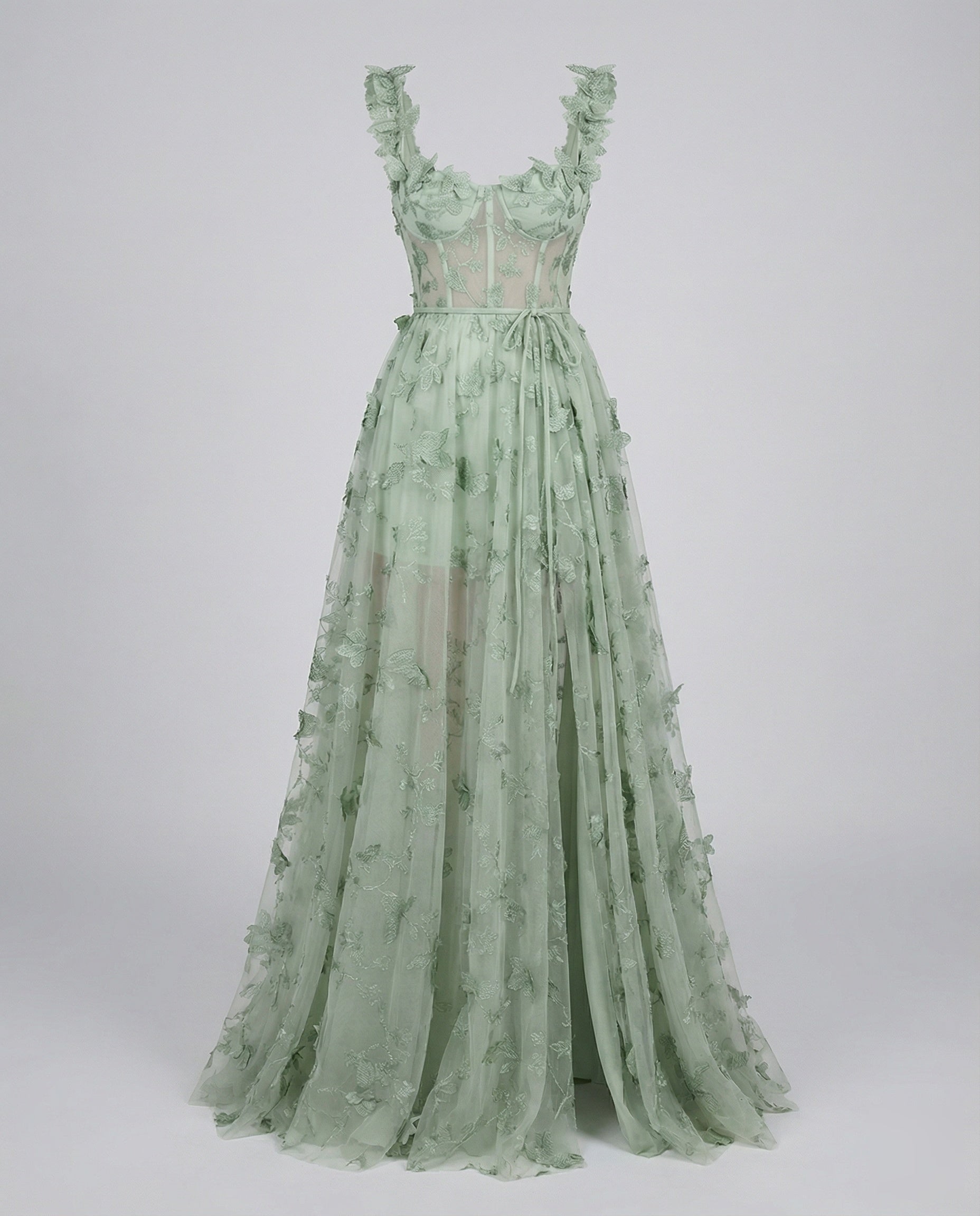 Women Corset Maxi Dress Tulle Leg Slit Leaf Design - Green colorway