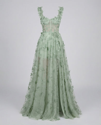 Women Corset Maxi Dress Tulle Leg Slit Leaf Design - Green colorway