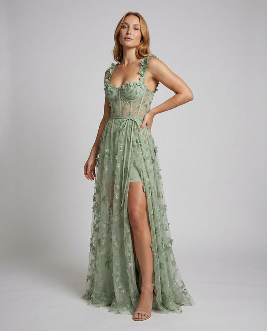 Women Corset Maxi Dress Tulle Leg Slit Leaf Design - front view